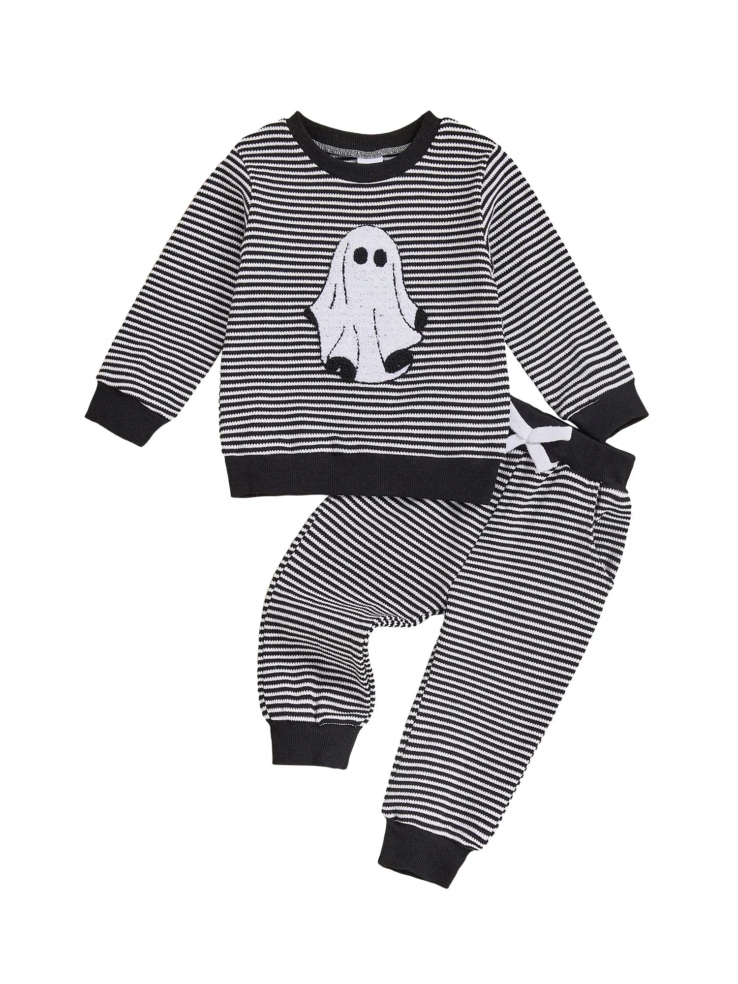 Baby Toddler Boys 2Pcs Halloween Outfit Ghost Embroidery Striped Long Sleeve Top and Elastic Pants Clothes Set