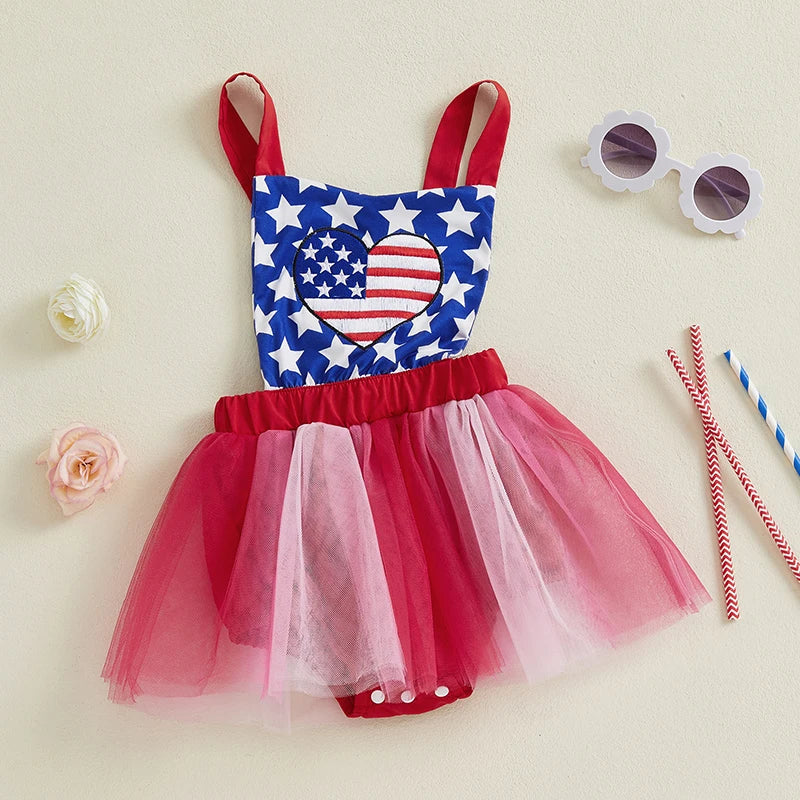 Baby Girls Romper Dress Sleeveless Tank Stars USA Flag Heart Tulle Patchwork Party Bodysuit Tutu Summer 4th of July Clothing