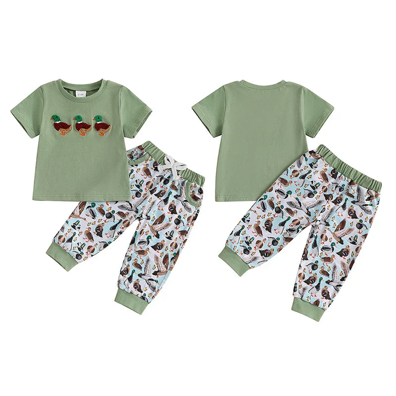 Baby Toddler Boys 2Pcs Outfit Summer Spring Duck Embroidery Short Sleeve T-Shirt Top and Elastic Waist Jogger Pants Set