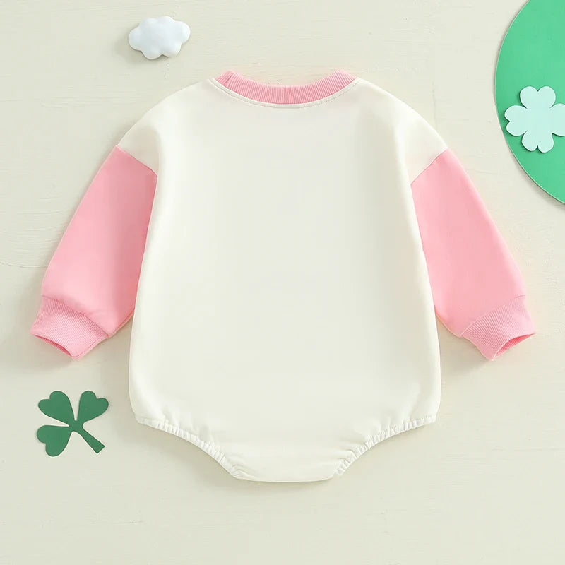 Baby Girls Lucky Girl Spring St. Patrick's Day Bubble Romper Long Sleeve Crewneck Shamrock Horseshoe Print Bodysuit