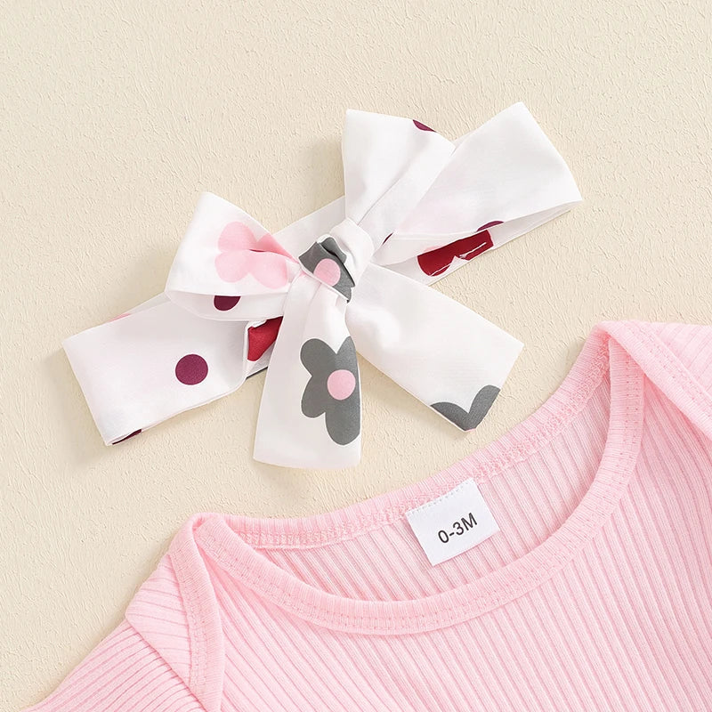 Baby Girls 3Pcs Fall Outfit Long Sleeve Ribbed Romper + Bow Suspender Flower Print Skirt + Headband Set