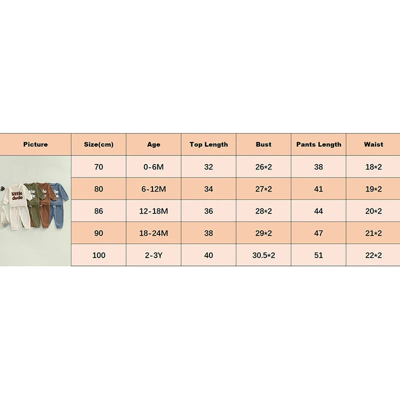 Baby Toddler Boys 2Pcs Little Dude Waffle Outfit Letter Embroidery Long Sleeve Top with Elastic Waist Solid Pants Set