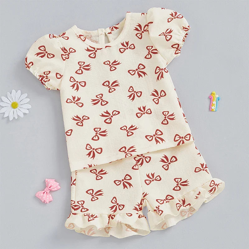 Baby Toddler Girls 2Pcs Summer Outfit Bow Pattern Crew Neck Short Sleeve T-Shirt Top with Ruffled Shorts Set