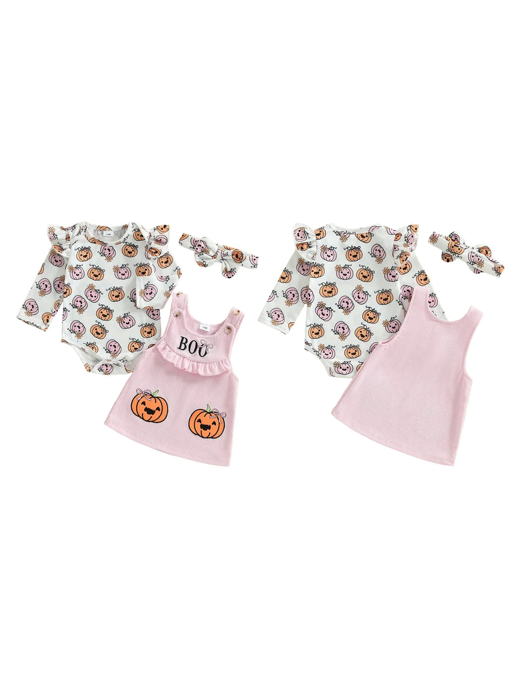 Baby Girls 3Pcs Halloween Outfit Pumpkin Print Long Sleeves Romper and Overall Tank Dress Bow Headband Set