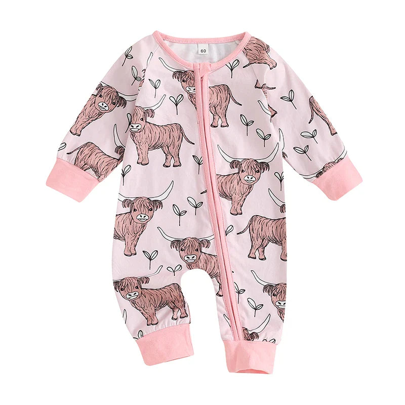 Baby Girls Boys Highland Cow Romper Print Long Sleeve Zipper Jumpsuit Fall Bodysuit