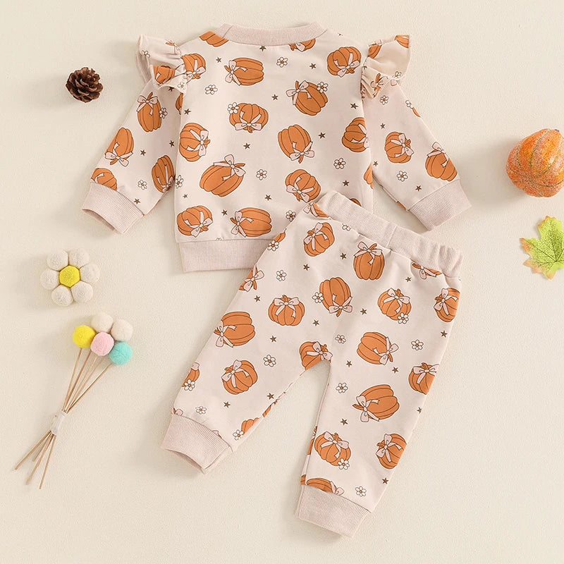 Baby Toddler Girl 2Pcs Halloween Outfit Pumpkin Print Long Sleeve Top with Elastic Waist Pants Set