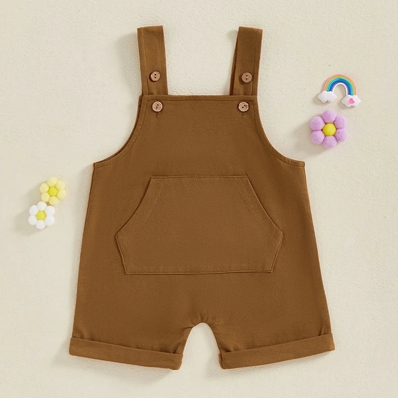 Baby Toddler Boys Girls Overalls Tank Sleeveless Square Neck Front Pocket Suspender Shorts Romper