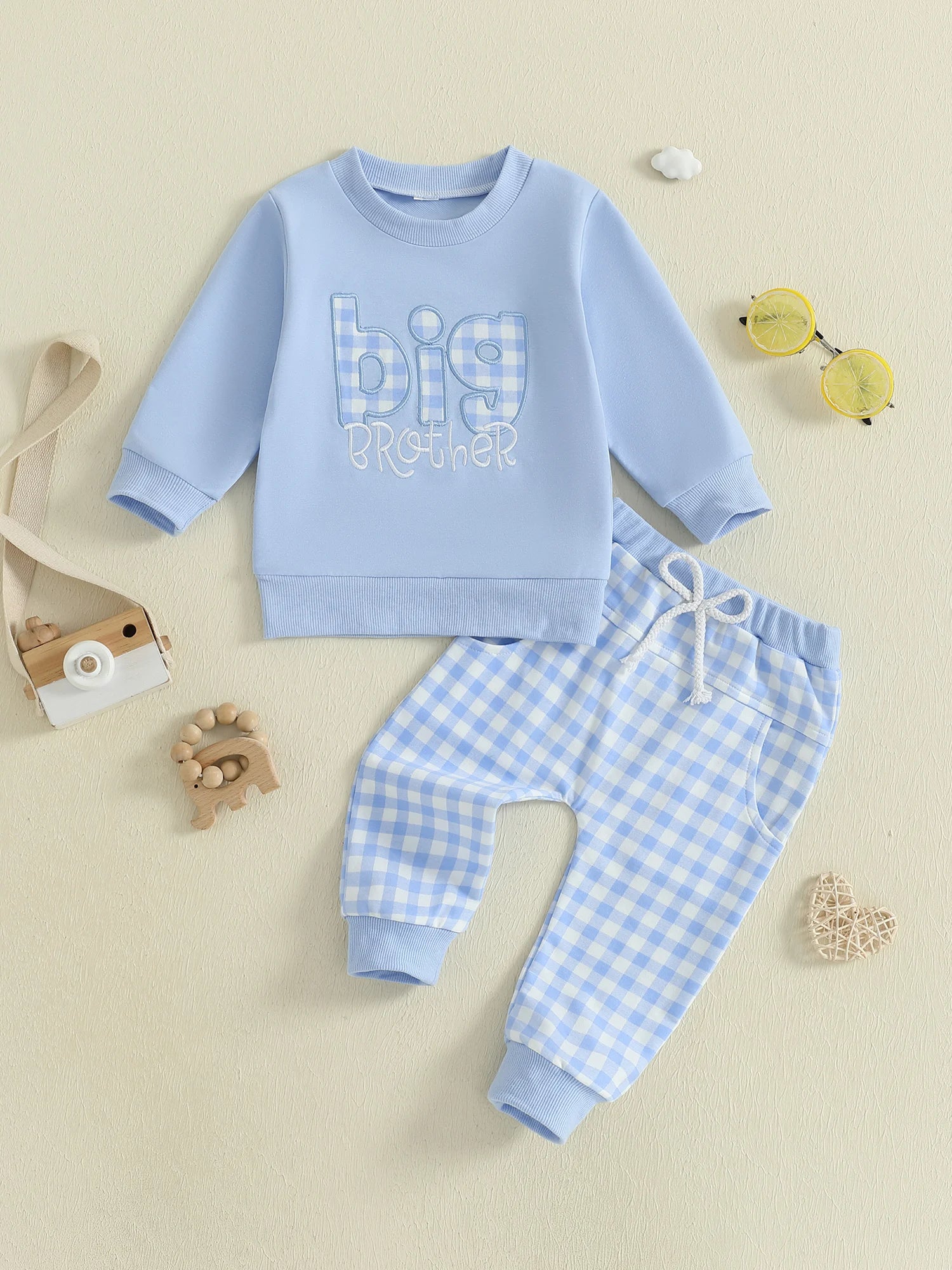 Baby Toddler Boys 2Pcs Fall Outfit Letter Embroidery Big Brother Long Sleeve Top and Elastic Plaid Pants Clothes