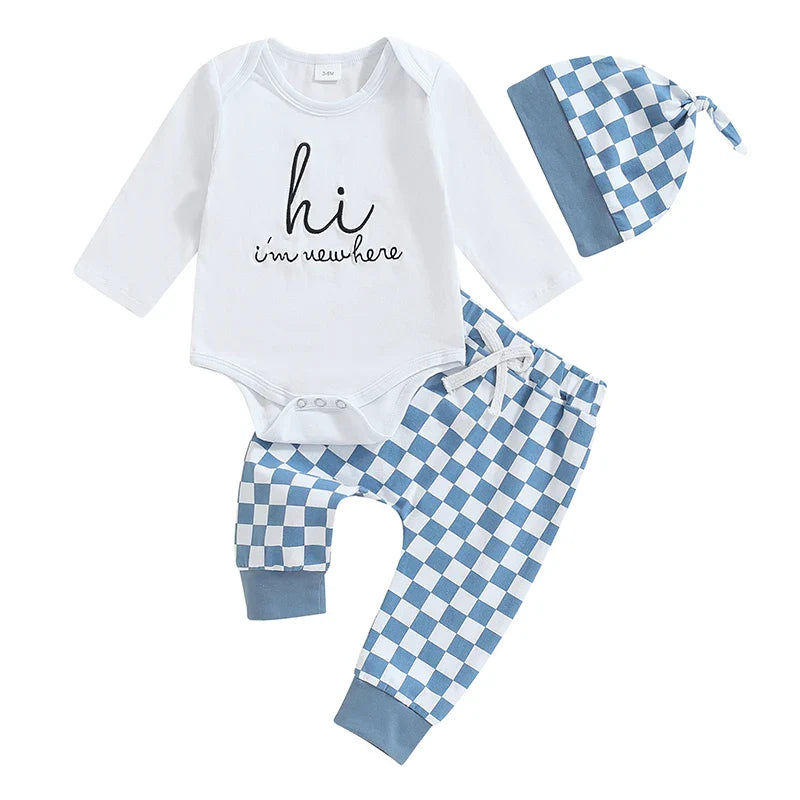 Baby Boy 3Pcs Fall Outfit New To The Crew / Hi I'm New Here / Ladies I Have Arrived Letter Print Long Sleeve Romper and Elastic Checker Pants Beanie Hat Set