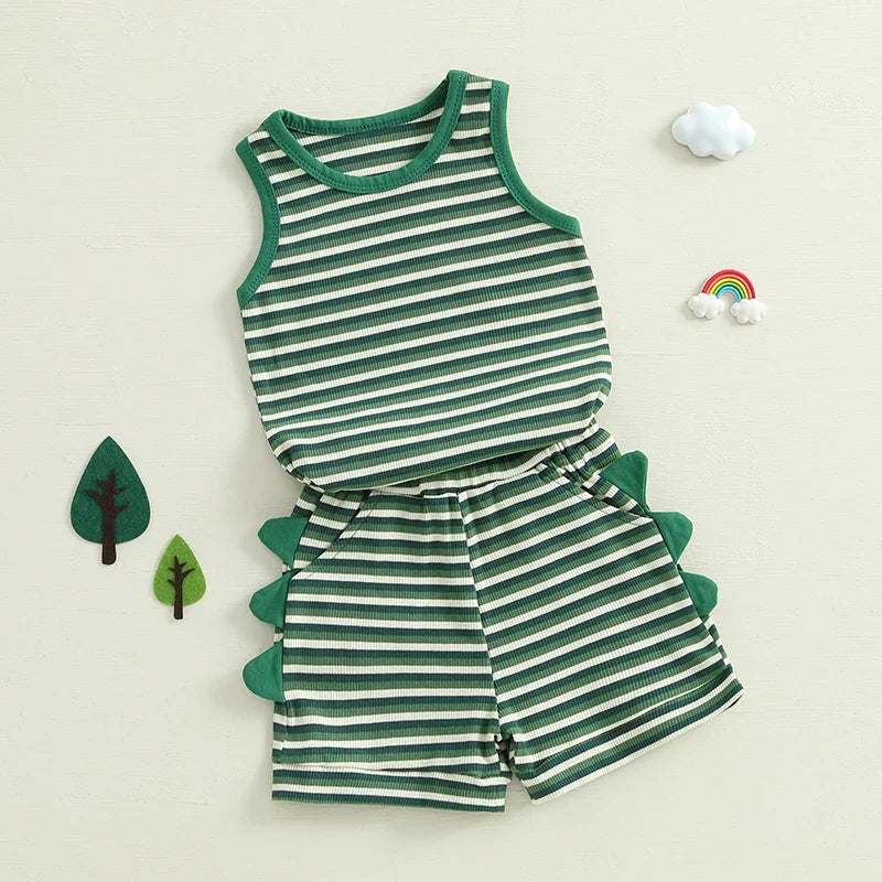 Baby Toddler Boys 2Pcs Striped Dinosaur Outfit O-Neck Sleeveless Tank Top Elastic Waist Shorts with Pockets Set
