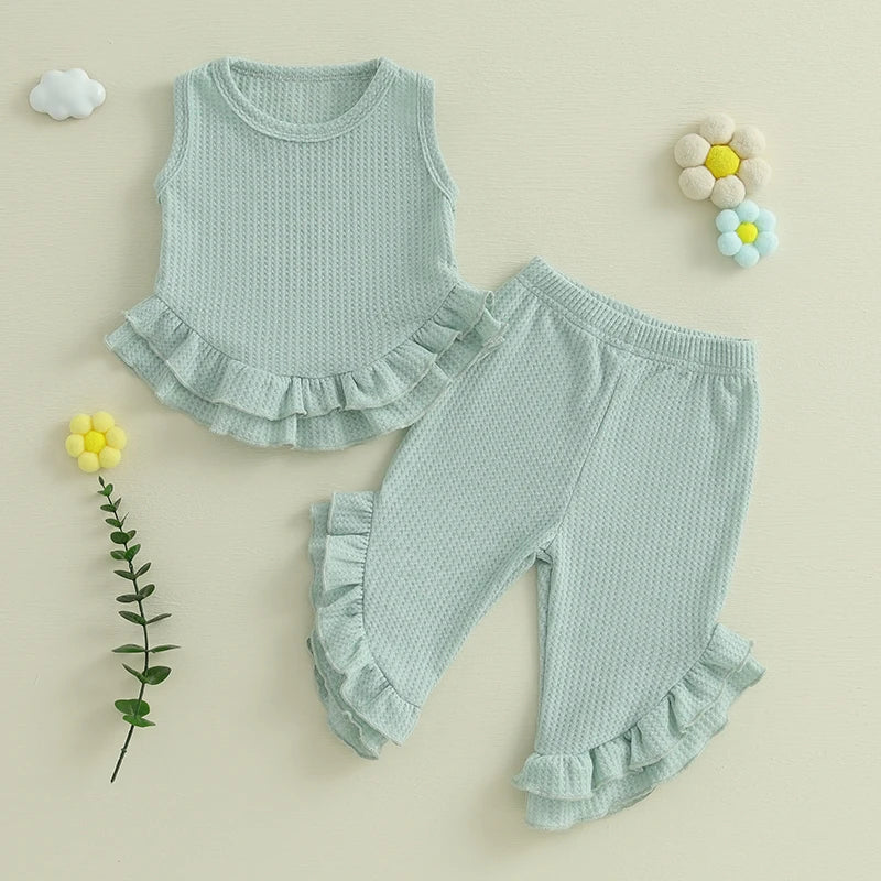 Baby Toddler Girl 2Pcs Summer Outfit Solid Waffle Round Neck Ruffled Tank Top with Long Pants Set