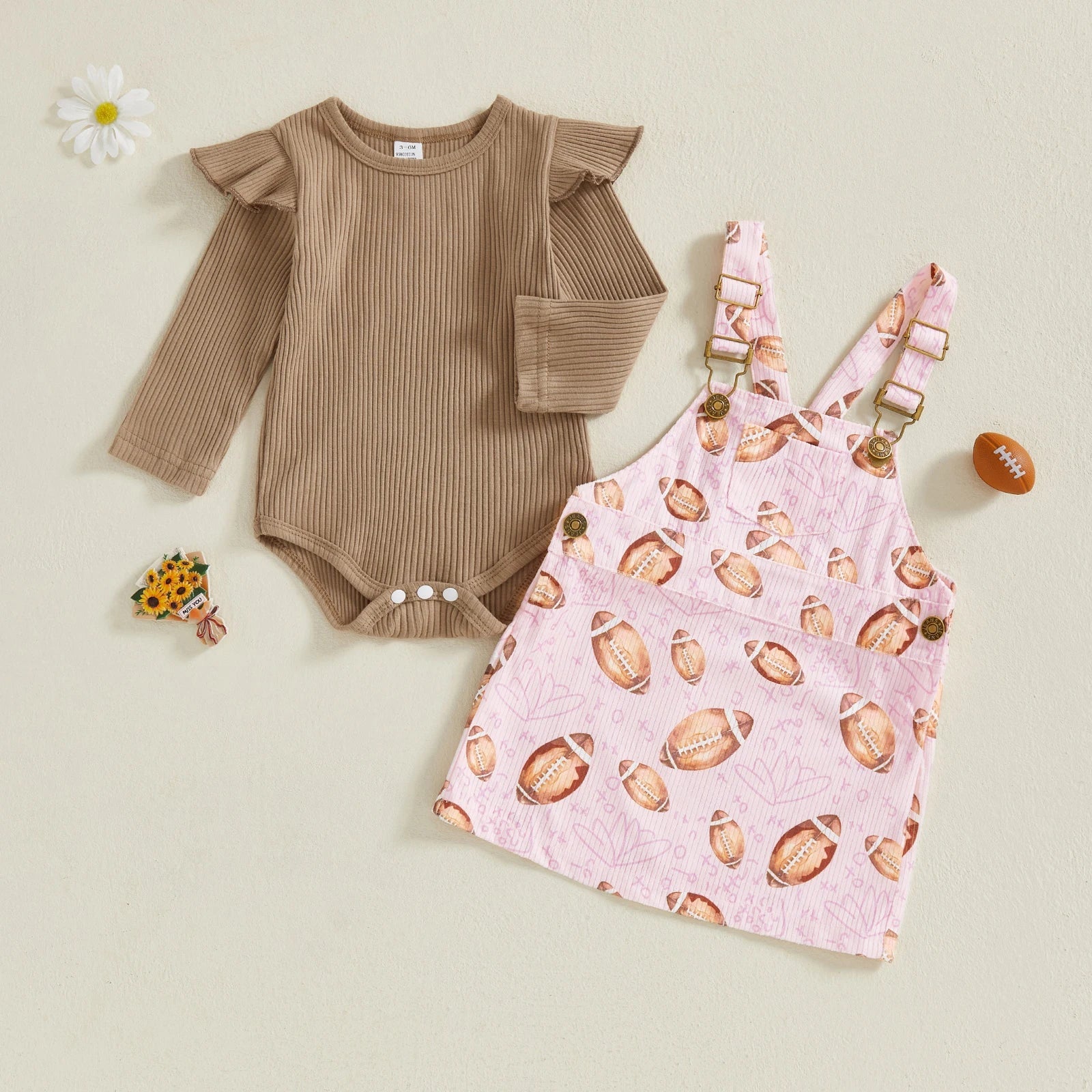 Baby Toddler Girls 2Pcs Fall Outfit Long Sleeve Romper + Football Print Overall Dress Set Clothes