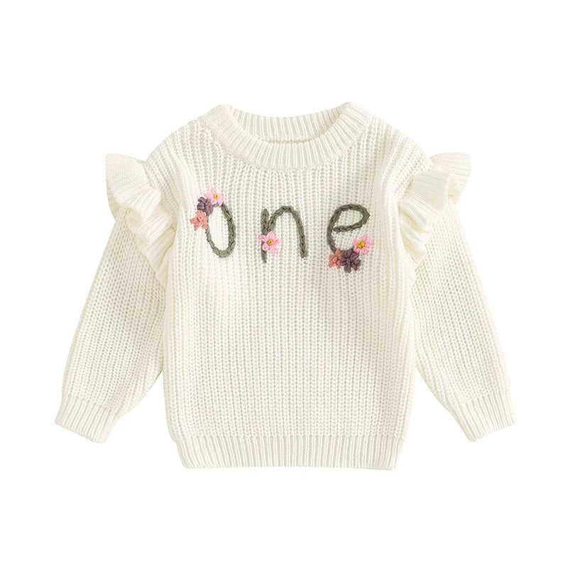 Baby Girl Birthday Sweater One Casual Floral Flowers Letter Embroidery Warm Long Sleeve Knitted Pullover Infant Knitwear Top