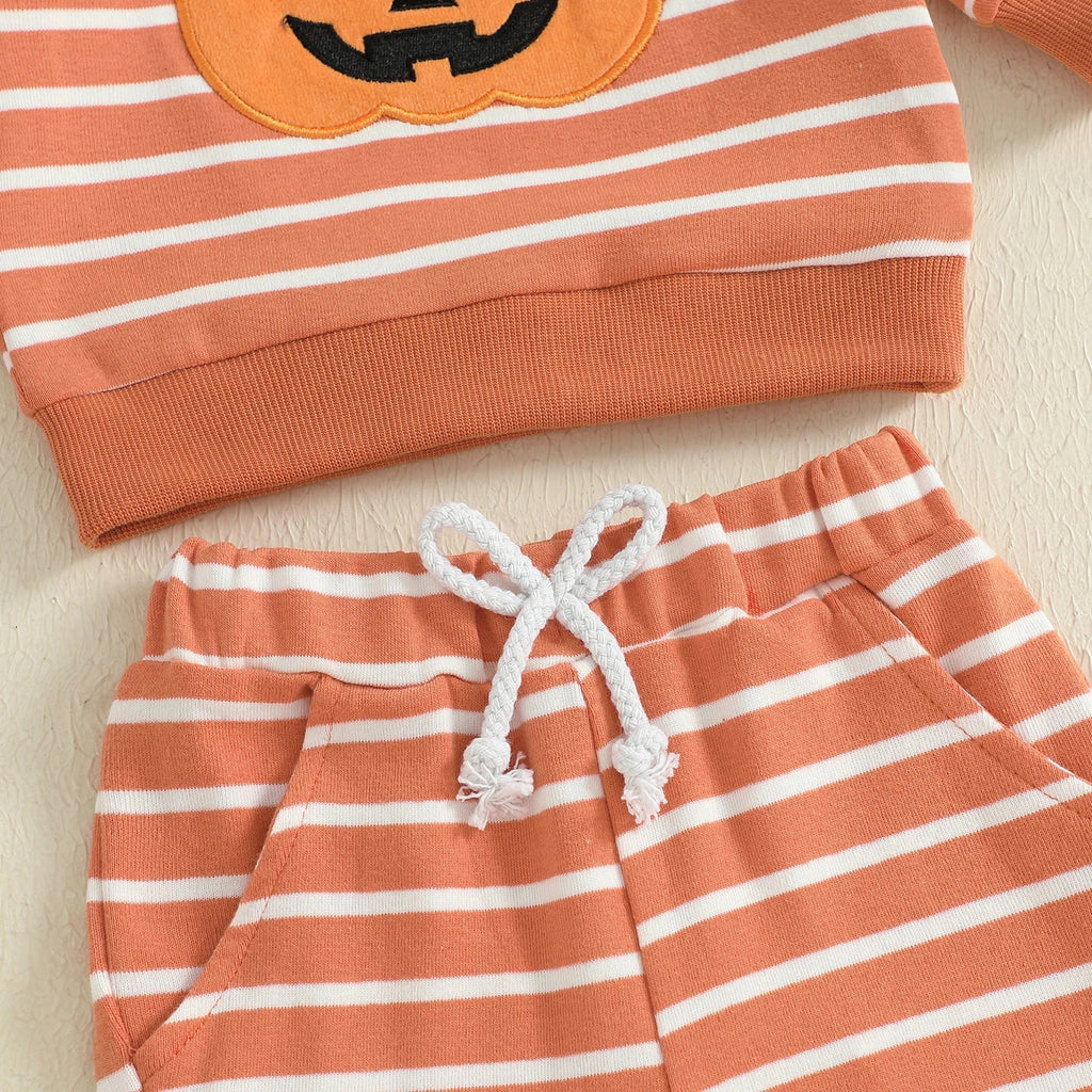 Baby Toddler Boys 2Pcs Halloween Outfit Stripe Pumpkin Embroidery Long Sleeve Top and Long Jogger Pants Clothes Set