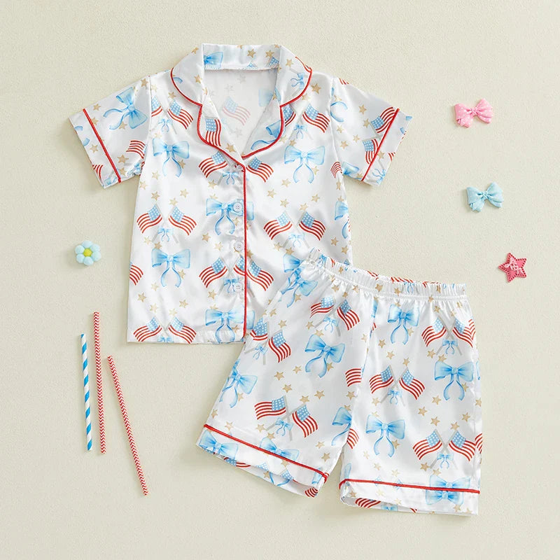 Toddler Girls Patriotic Pajamas Set Summer Star/Bow Print Button up Short Sleeves Shirt with Elastic Shorts for Loungewear