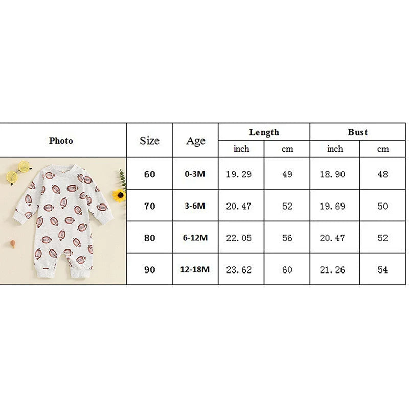 Baby Boys Girls Jumpsuit Long Sleeve Round Neck Football Print Romper
