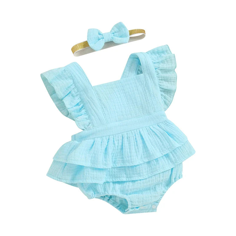 Baby Girls 2Pcs Romper Dress Solid Color Fly Sleeve Skirt Hem Tank Top Bodysuit Summer Clothes with Headband Set