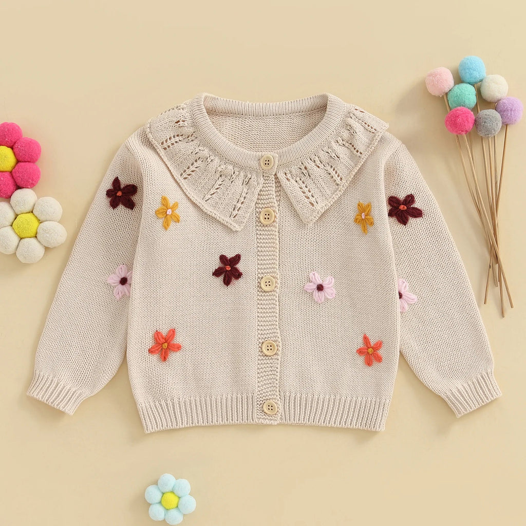 Baby Toddler Girls Cardigan Sweater 3D Flower Design Button Down Long Sleeve Knitted Top