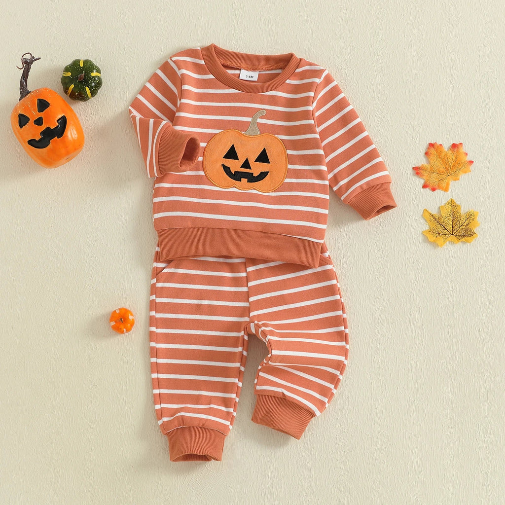 Baby Toddler Boys 2Pcs Halloween Outfit Stripe Pumpkin Embroidery Long Sleeve Top and Long Jogger Pants Clothes Set