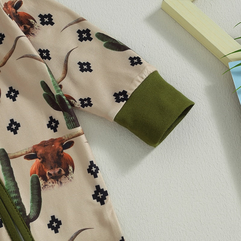 Baby Boys Girls Jumpsuit Long Sleeve Cow/Horse Print Zipped Autumn Romper Clothes