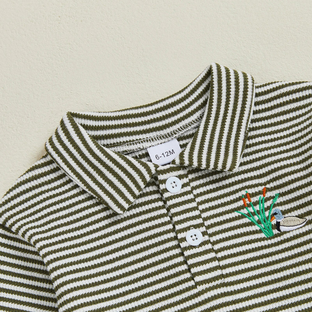 Baby Toddler Boys 2Pcs Long Sleeve Embroidery Duck Top with Striped Pants Infant Clothes Set