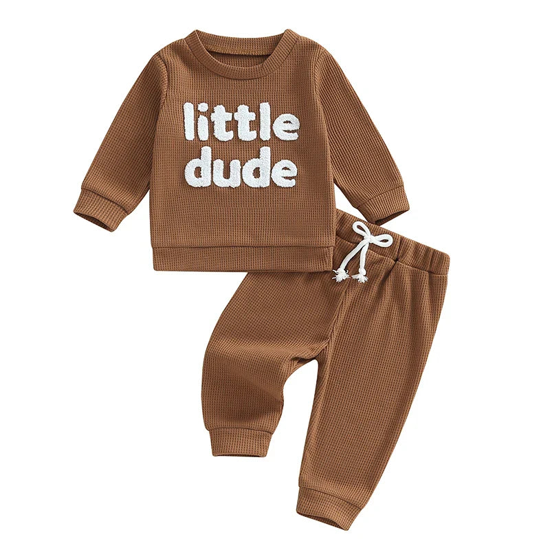 Baby Toddler Boys 2Pcs Little Dude Waffle Outfit Letter Embroidery Long Sleeve Top with Elastic Waist Solid Pants Set