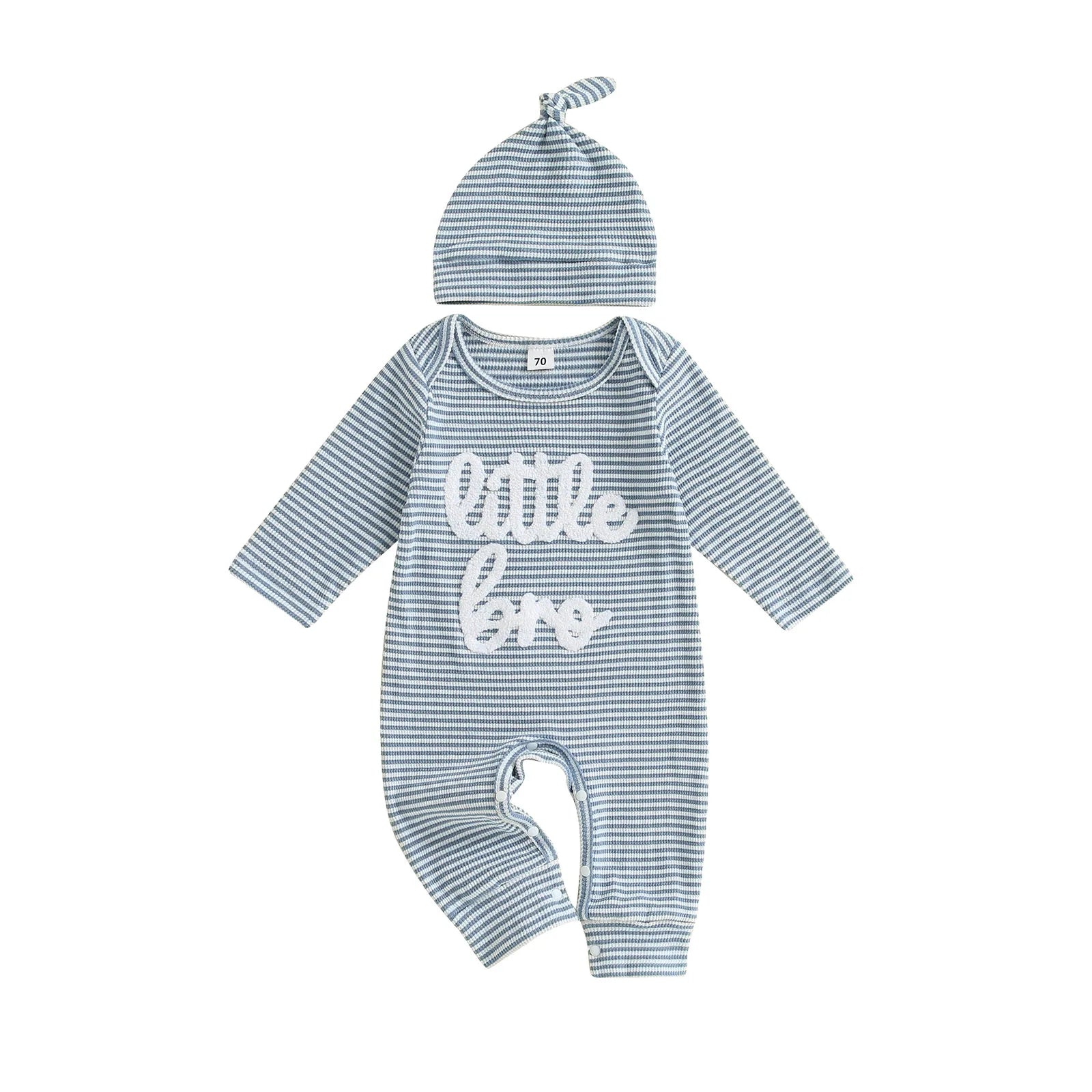 Baby Boys 2Pcs Autumn Striped Jumpsuit Long Sleeve Crewneck Letter Little Bro Embroidery Romper with Hat Set