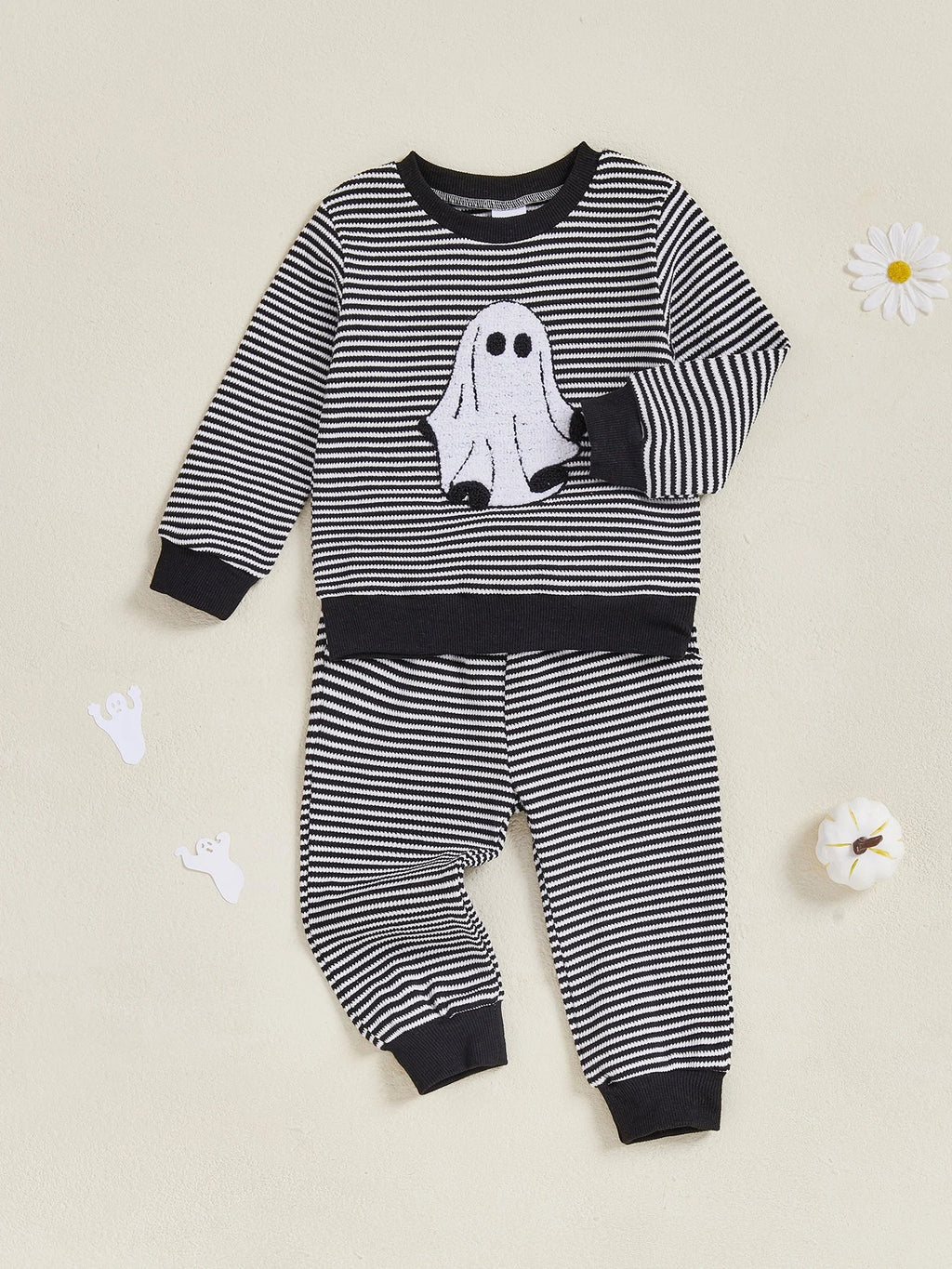 Baby Toddler Boys 2Pcs Halloween Outfit Ghost Embroidery Striped Long Sleeve Top and Elastic Pants Clothes Set