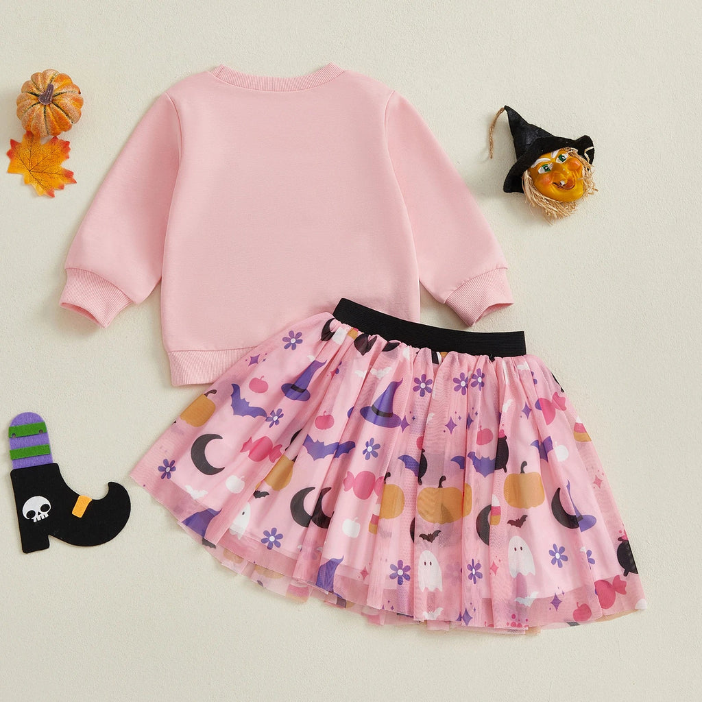 Baby Toddler Girls 2Pcs Girl Boo Halloween Outfit Long Sleeve Letter Ghost Embroidery Tops A-line Tulle Skirt Set