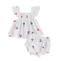 Baby Toddler Girl 2Pcs Shorts Set Cherry Print Fly Sleeve Babydoll Top Elastic Waist Ruffle Shorts Summer Outfit