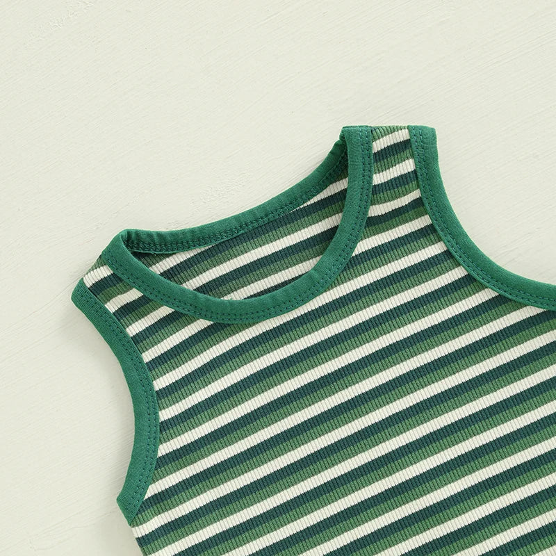 Baby Toddler Boys 2Pcs Striped Dinosaur Outfit O-Neck Sleeveless Tank Top Elastic Waist Shorts with Pockets Set