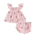 Baby Toddler Girl 2Pcs Shorts Set Cherry Print Fly Sleeve Babydoll Top Elastic Waist Ruffle Shorts Summer Outfit