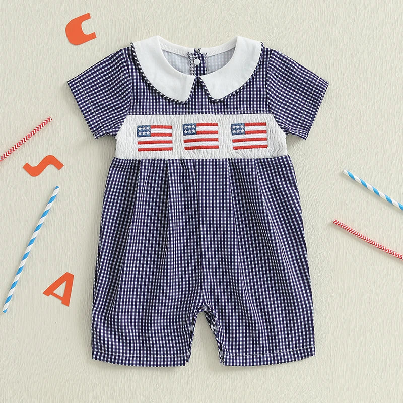 Baby Girl 4th of July Romper Smocked Plaid Pattern American Flag Embroidery Ruffled Doll Collar Short Sleeve Jumpsuit