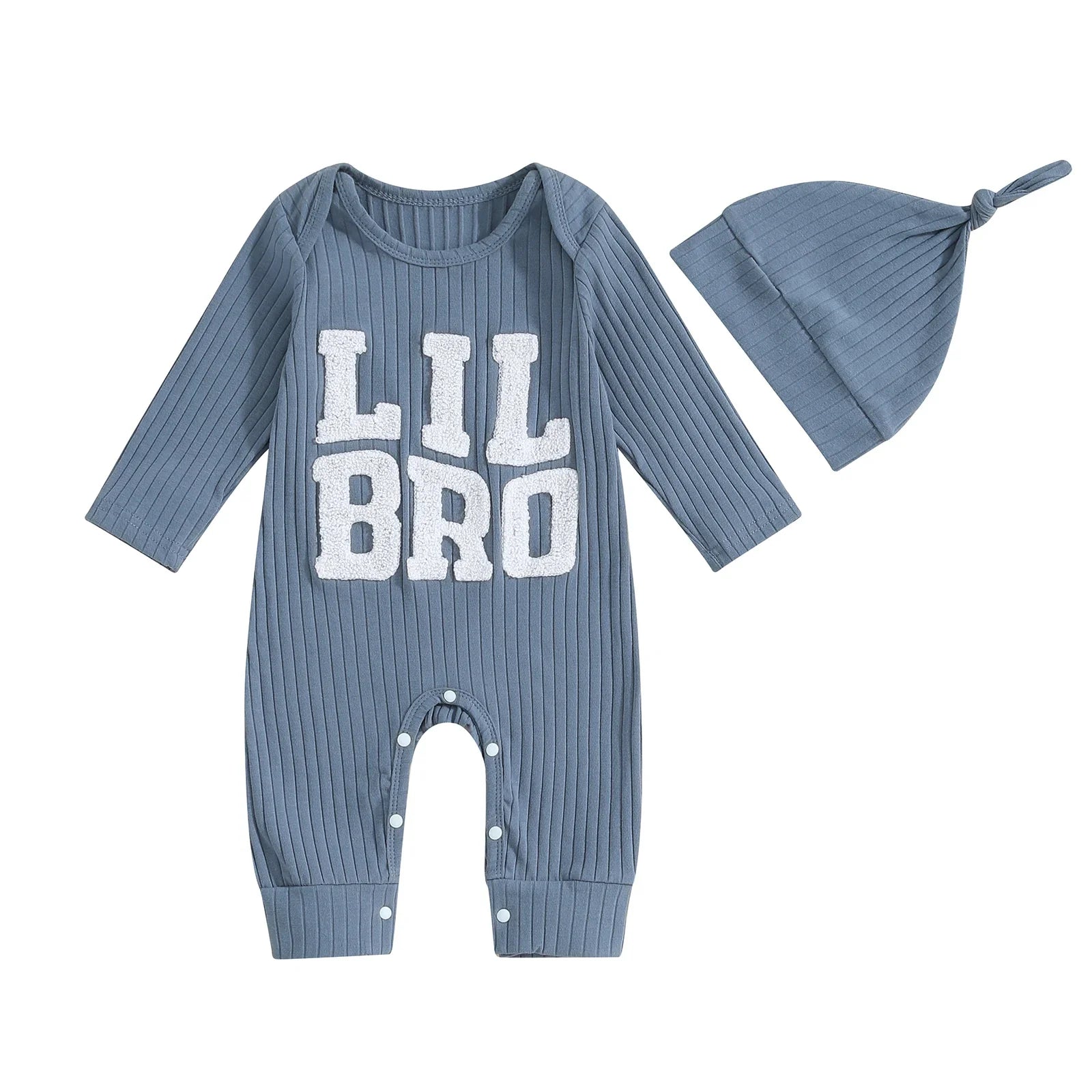 Baby Boy 2Pcs Lil Bro Jumpsuit and Hat Set Long Sleeve Round Neck Letter Print Ribbed Romper with Beanie Outfit