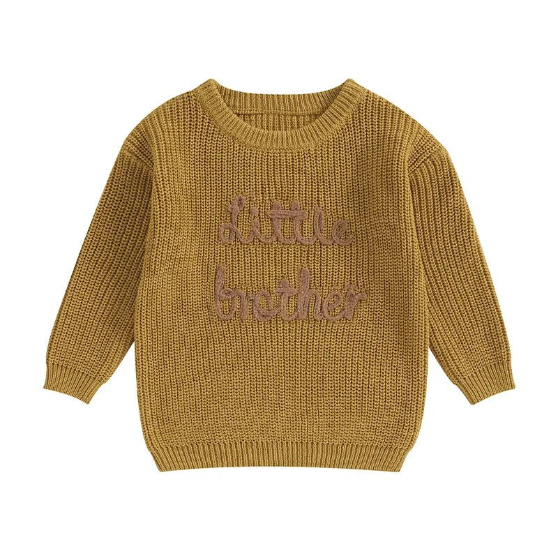 Baby Boys Sweater Letter Embroidery Little Brother Crew Neck Long Sleeve Pullover Top