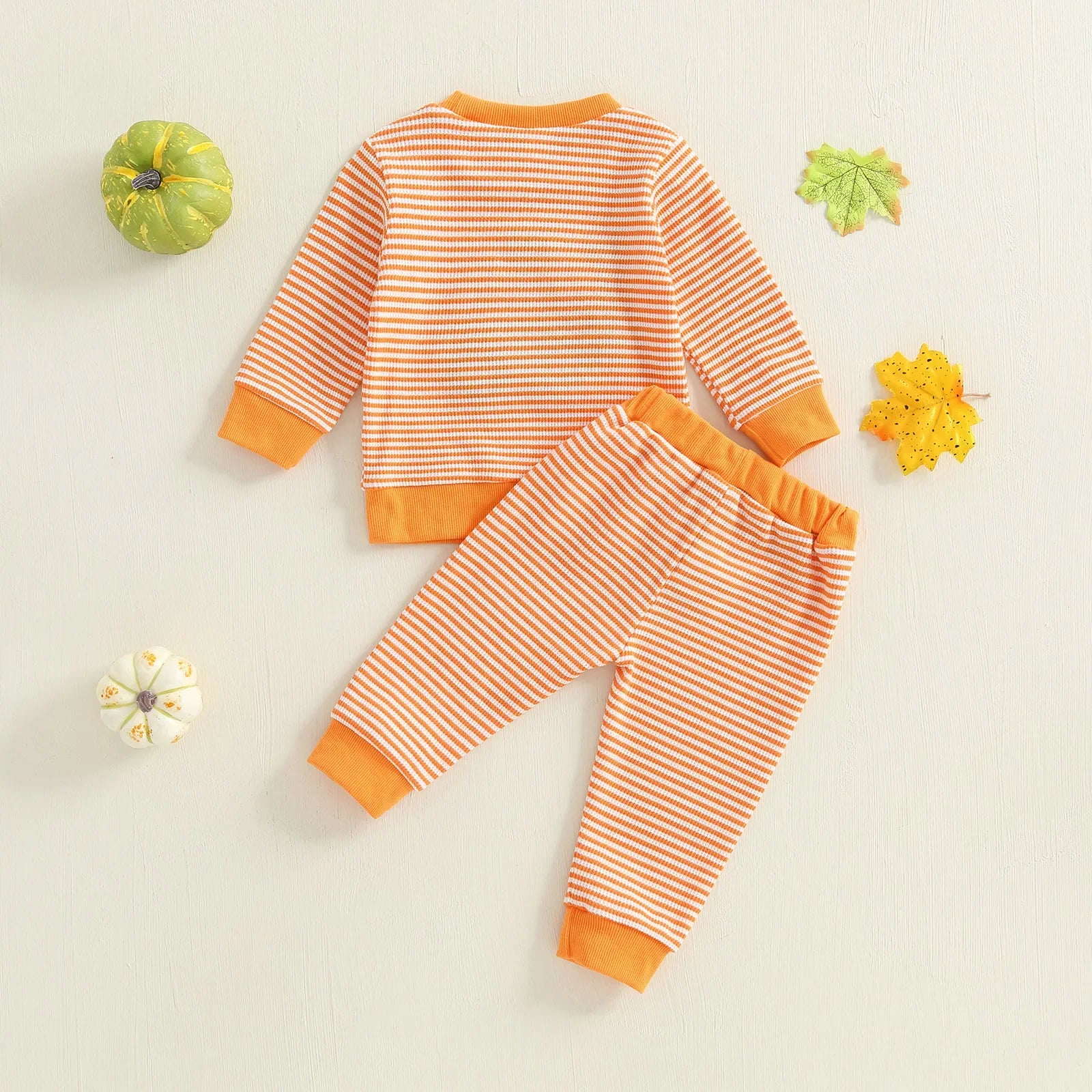 Baby Toddler Boy Girl 2Pcs Halloween Outfit Pumpkin Embroidery Boo Ghost Striped Long Sleeve Top and Elastic Jogger Pants Set