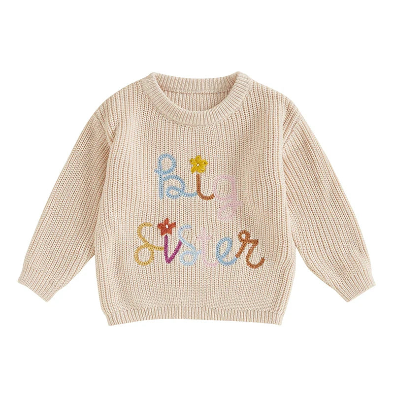 Baby Toddler Kids Girls Big Sister Fall Winter Sweater Casual Letter Flower Embroidery Crew Neck Long Sleeve Pullover Top