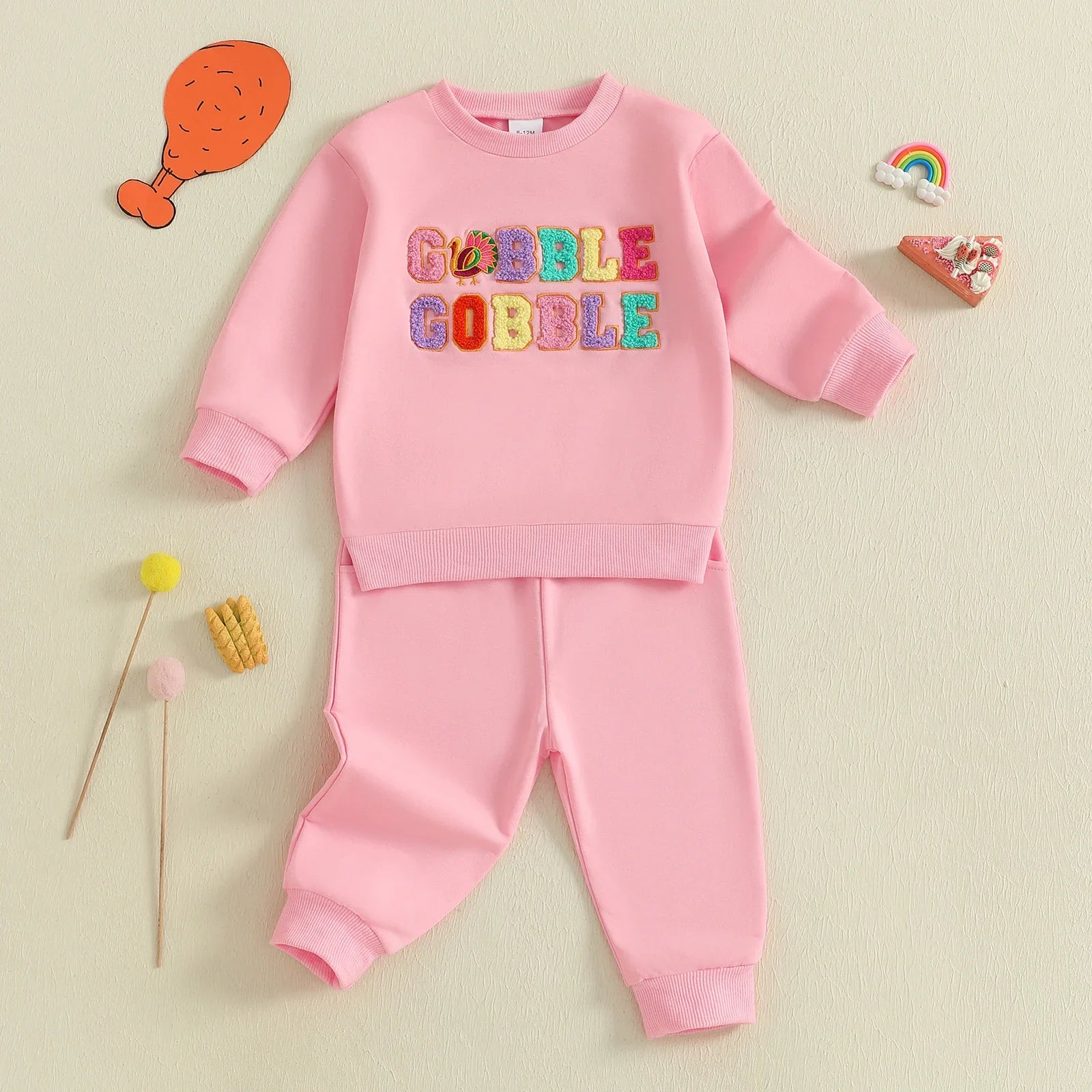 Baby Toddler Girls 2Pcs Thanksgiving Outfit Long Sleeve Turkey Gobble Embroidery Top + Pants Jogger Set Clothes