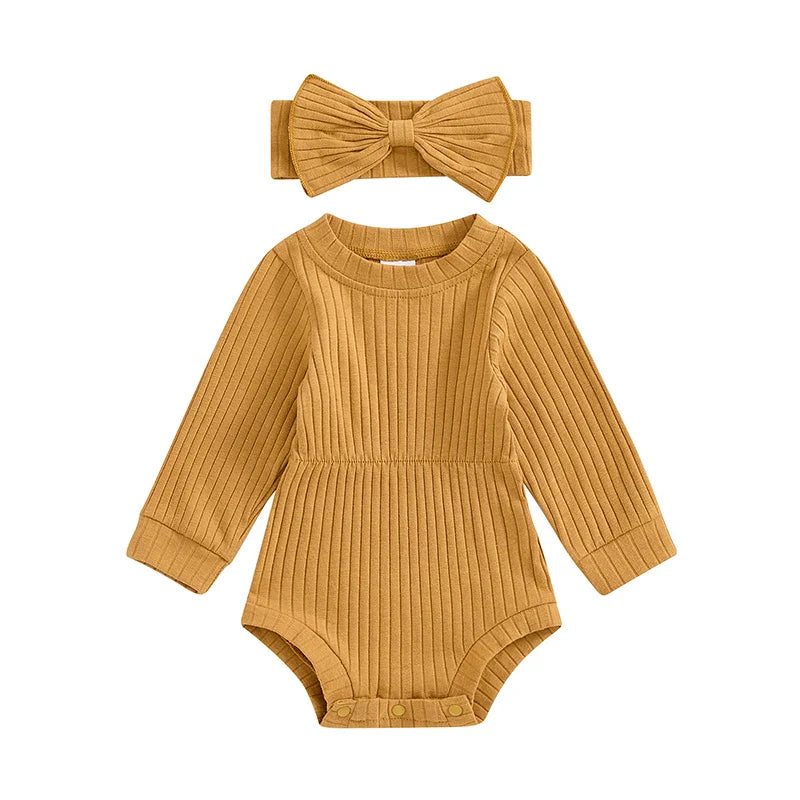 Baby Girls Spring Fall Solid Color Round Neck Long Sleeve Ribbed Romper Bow Headband Set