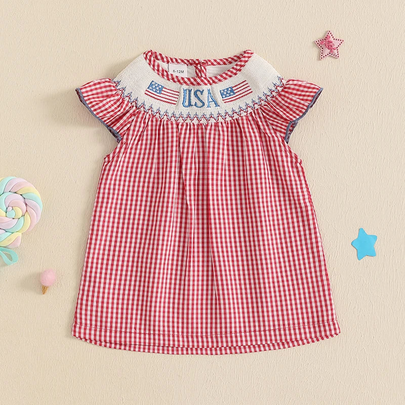 Baby Toddler Girls 4th of July Dress Loose Fit Plaid American Flag Embroidery Smocked Crew Neck Flying Sleeve Dress
