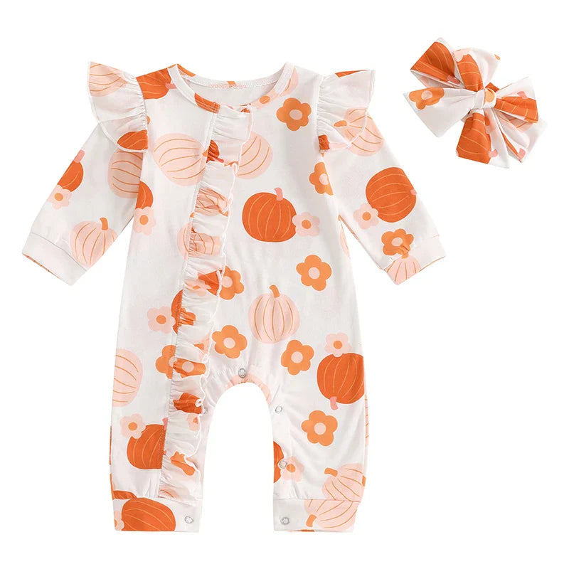 Baby Girls 2Pcs Fall Outfit Long Sleeve Pumpkin Flower Print Jumpsuit with Headband Halloween Clothes Romper Set