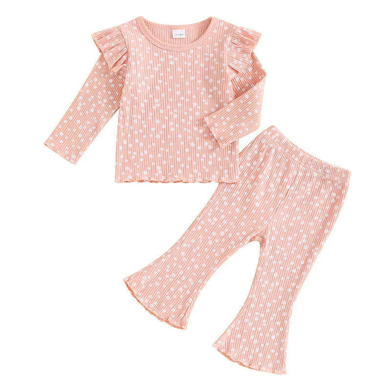 Toddler Kids Girls 2Pcs Fall Outfit Ruffle Flower Print Long Sleeve Top + Flare Pants Set