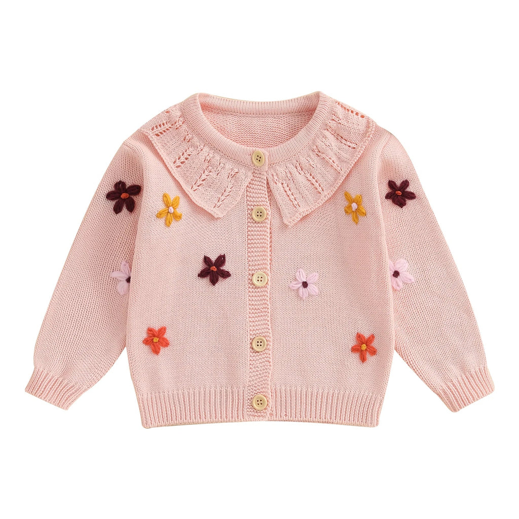 Baby Toddler Girls Cardigan Sweater 3D Flower Design Button Down Long Sleeve Knitted Top