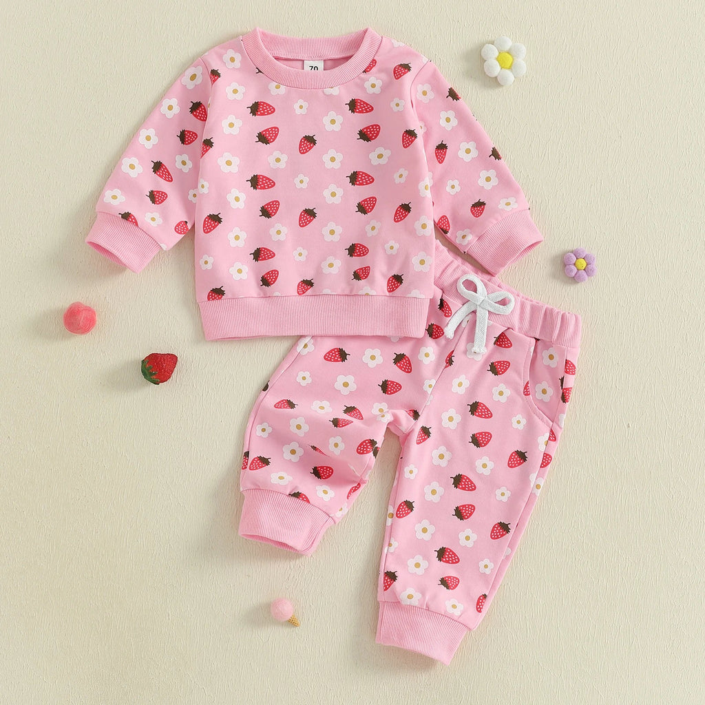 Baby Toddler Girl 2Pcs Fall Outfit Strawberry Flower Print Crew Neck Long Sleeve Top with Jogger Pants Set