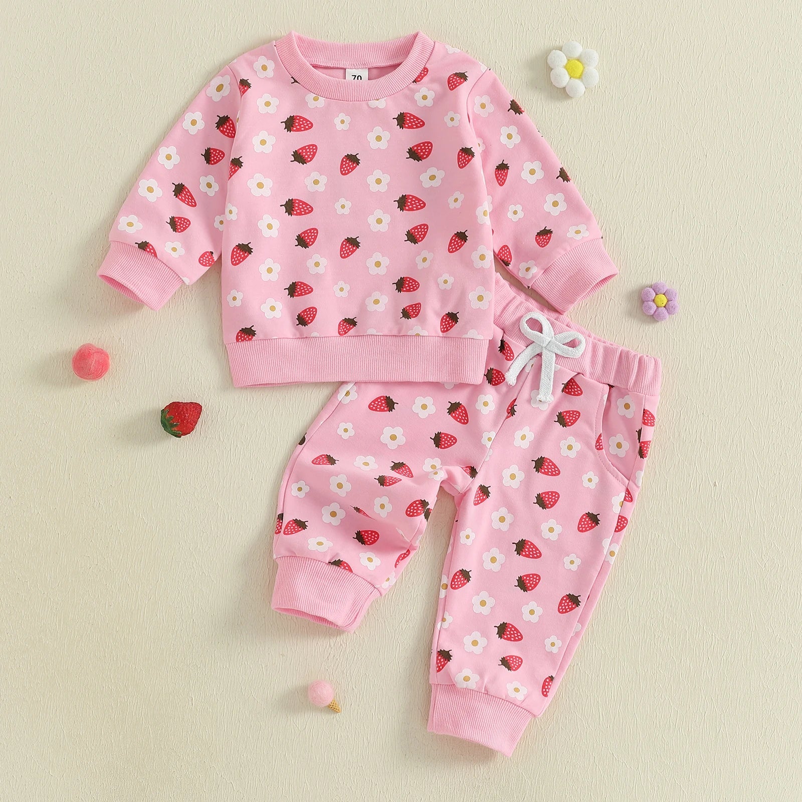 Baby Toddler Girl 2Pcs Fall Outfit Strawberry Flower Print Crew Neck Long Sleeve Top with Jogger Pants Set