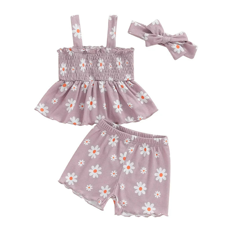 Baby Toddler Girls 3Pcs Outfit Sleeveless Daisy Flower Print Baby Doll Tank Top Shorts Headband Set