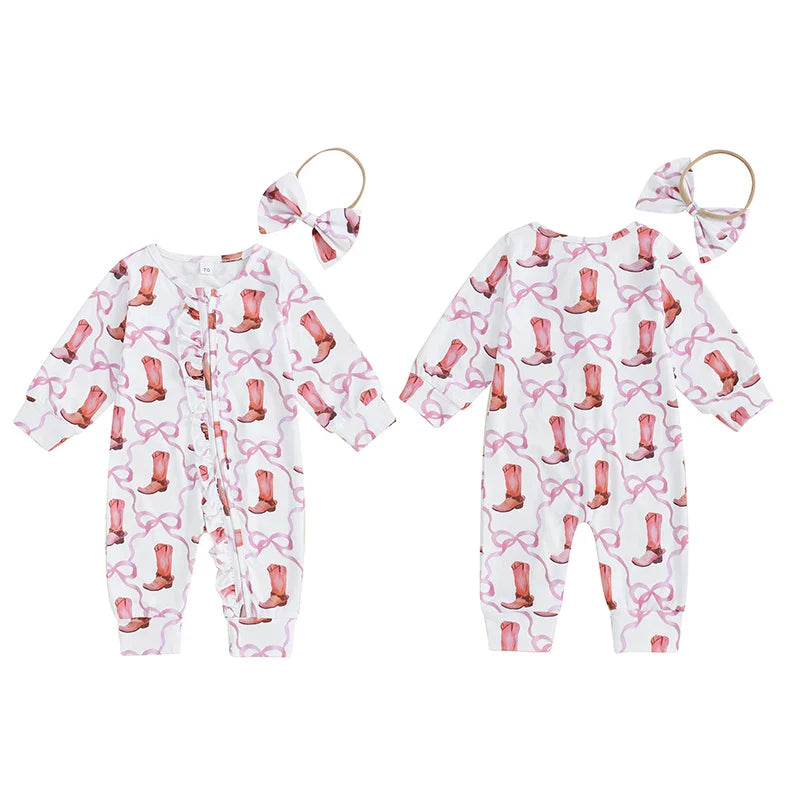 Baby Girl 2Pcs Fall Jumpsuit Ruffled Zip Up Boots Ribbons Print Long Sleeve Round Neck Zipper Romper Bow Headband Set