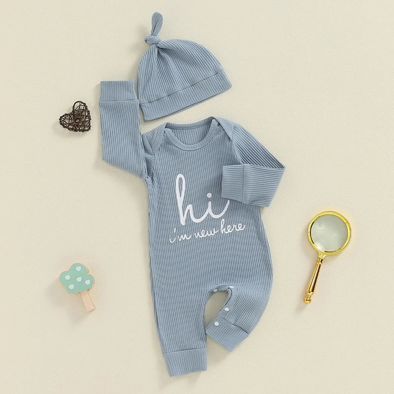 Baby Boys Girls 2Pcs Hi I'm New Here Romper Letter Print Long Sleeve Crew Neck Jumpsuit Bodysuit with Hat Set