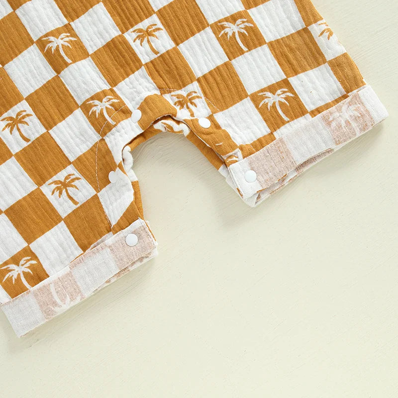 Baby Boy Romper Summer Short Sleeve Round Neck Checkered Tree Print Jumpsuit Playsuit