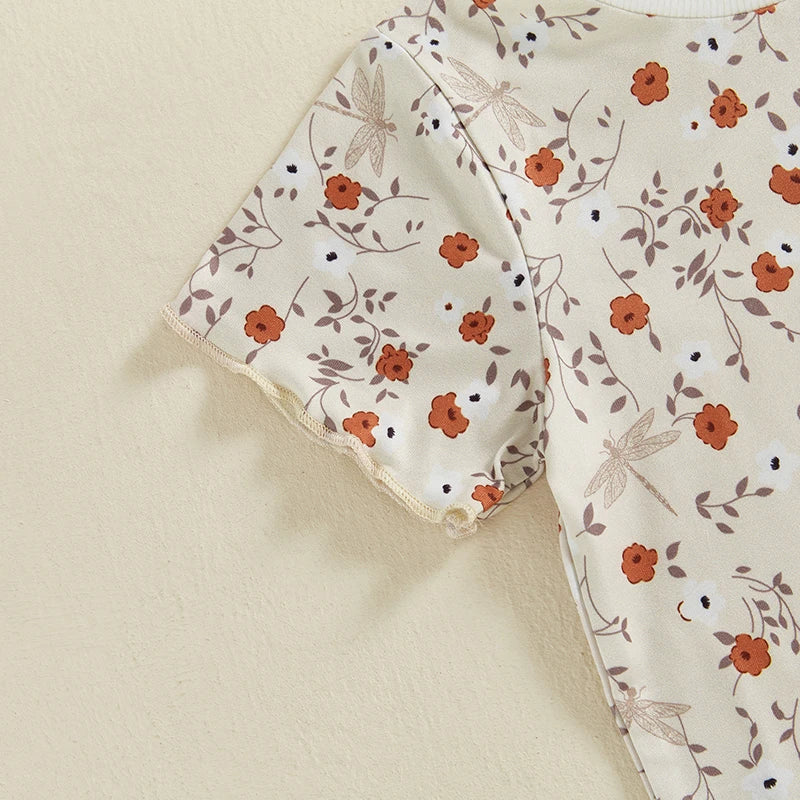 Baby Toddler Girls 2Pcs Set Floral Print Lettuce Trim Short Sleeve T-shirt Top Elastic Waist Shorts Summer Clothes Outfit